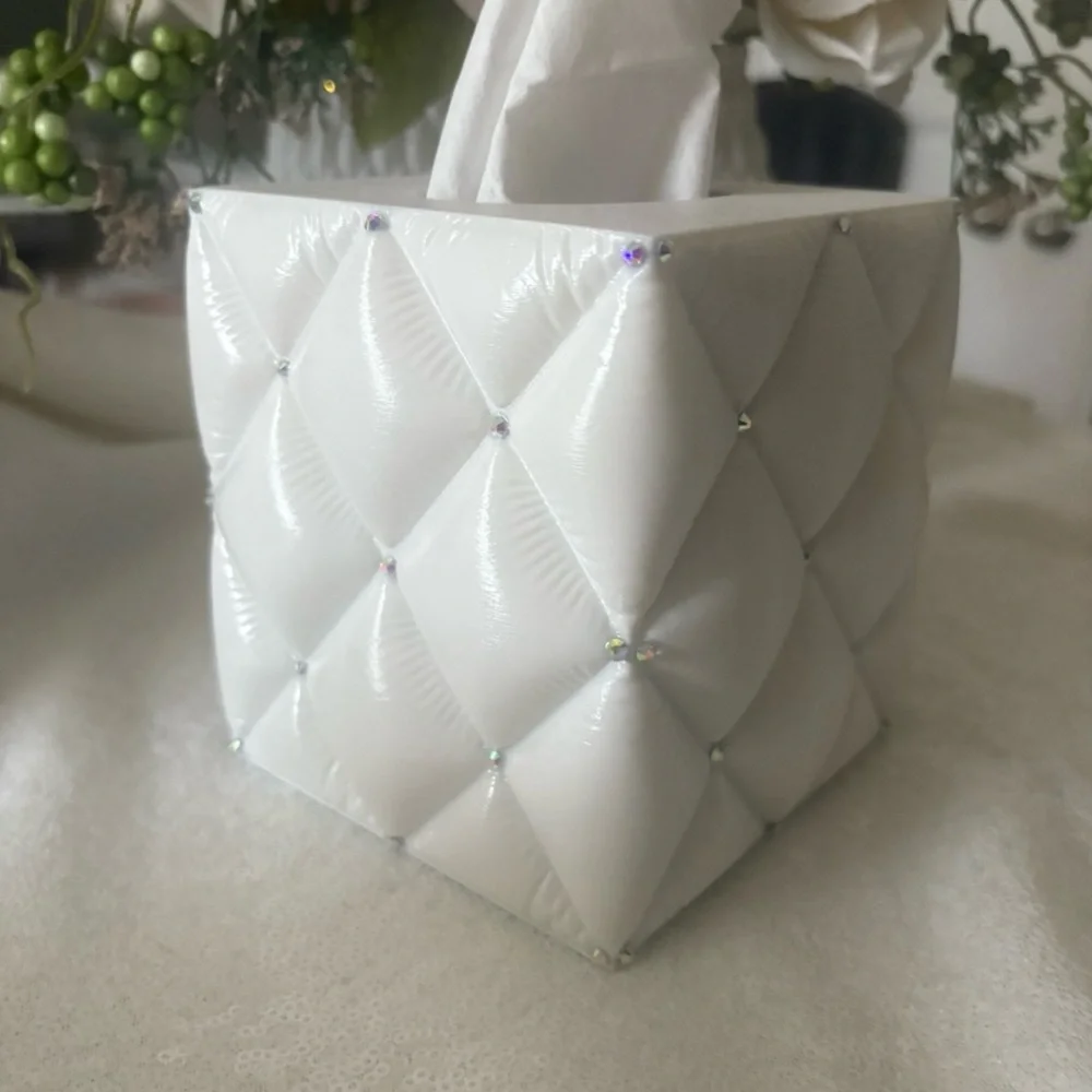 White Quilted Rhinestone Tissue Box Cover. Elegant Home Bath Accessory- 3D print
